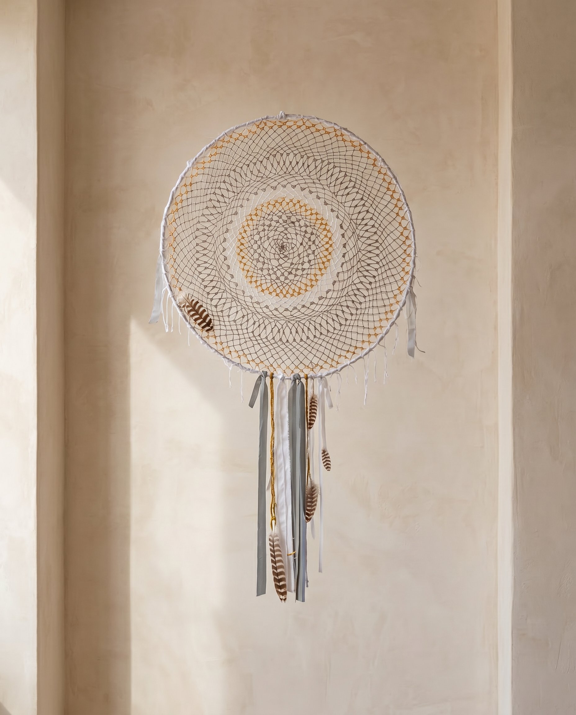 Silent Flight, an 86cm handcrafted object, hung within a plaster archway with generous negative space above and around it.