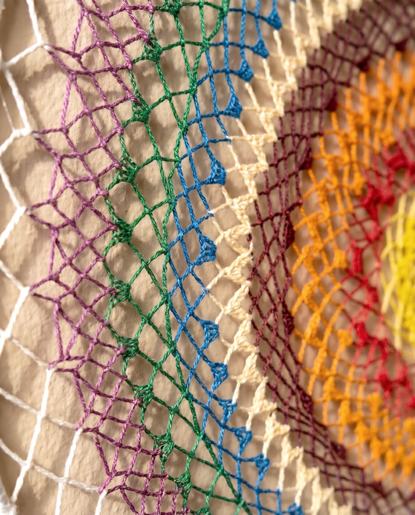 Close macro study of a hand-knotted multicoloured thread weave, showing individual knots and colour transitions.